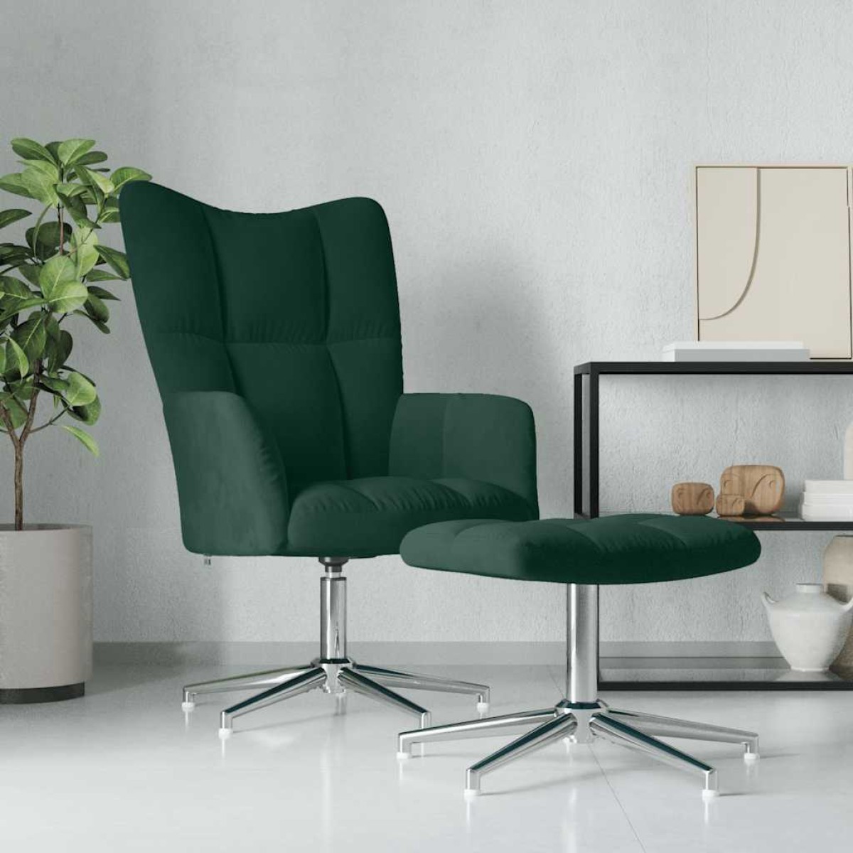 vidaXL Πολυθρόνα Relax Σκούρο Πράσινο Βελούδινη με Σκαμπό