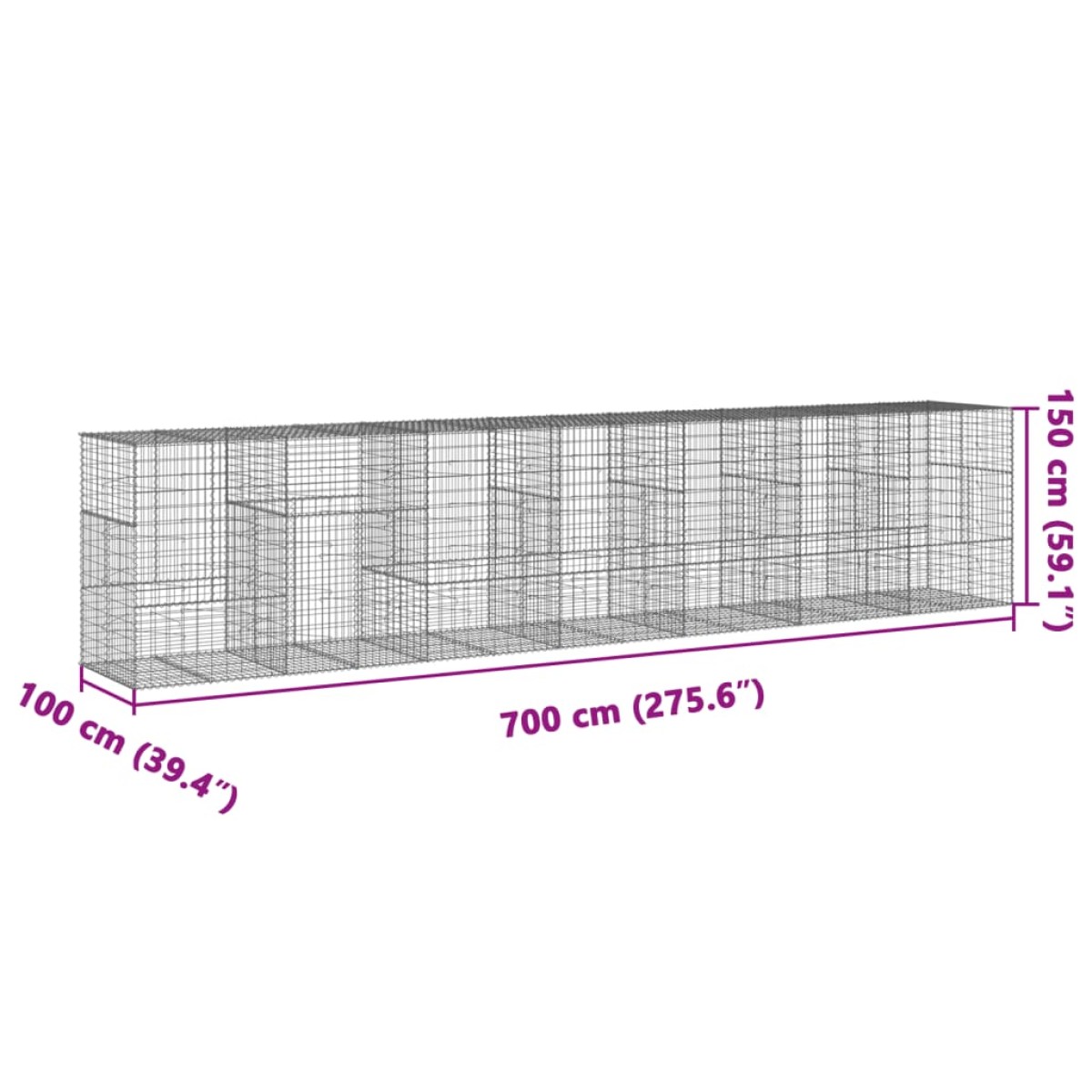 vidaXL Συρματοκιβώτιο με Κάλυμμα 700x100x150εκ από Γαλβανισμένο Χάλυβα
