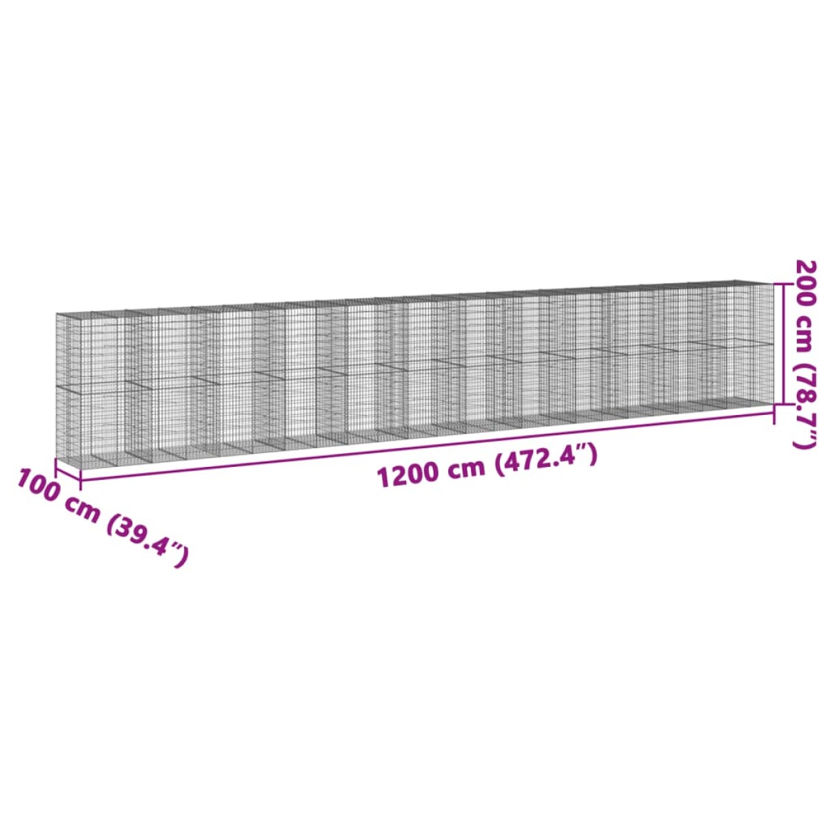 vidaXL Συρματοκιβώτιο με Κάλυμμα 1200x100x200εκ. Γαλβανισμένο Χάλυβα