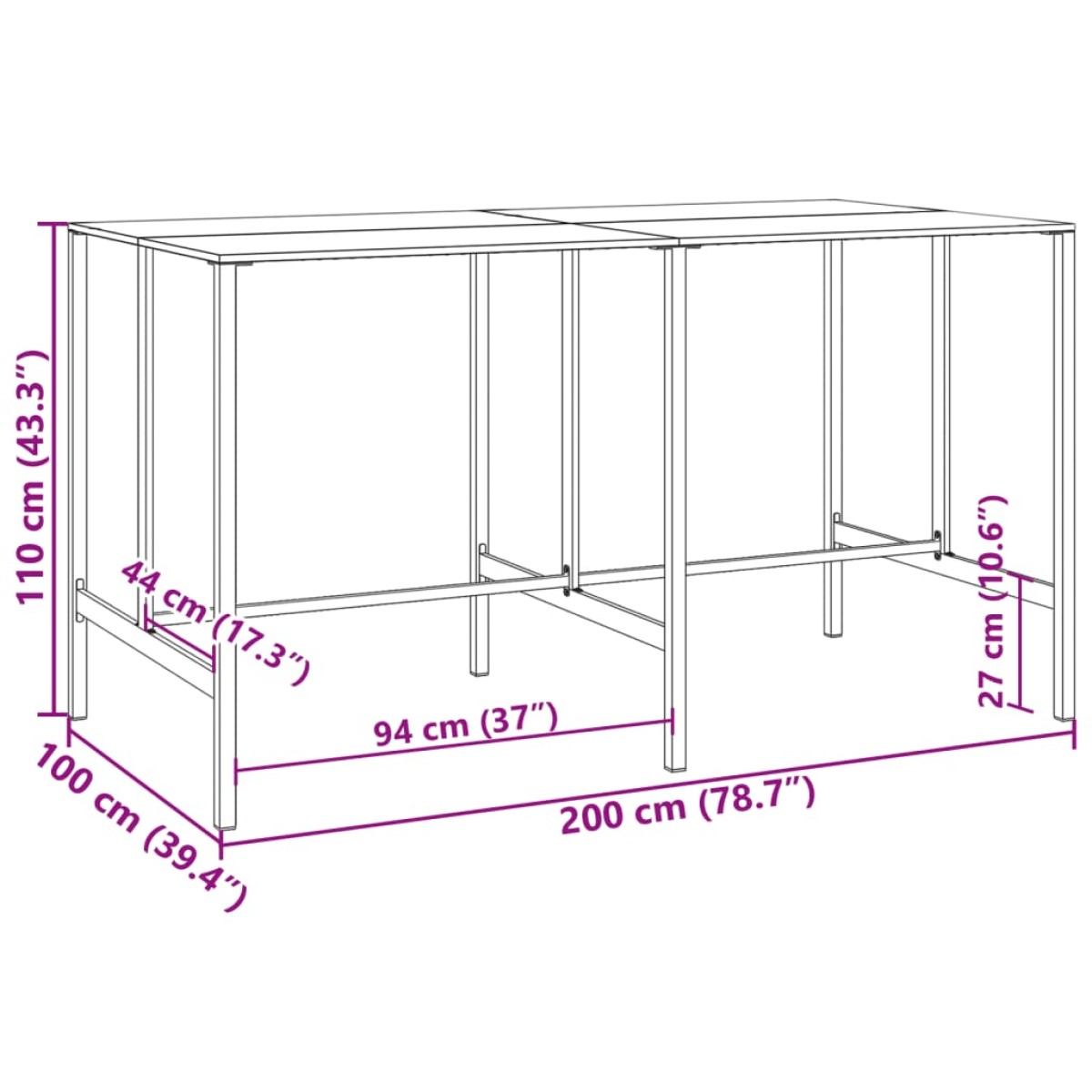 vidaXL Τραπέζι Μπαρ Μαύρο 200x100x110 εκ. Ατσάλι με Ηλ. Βαφή Πούδρας