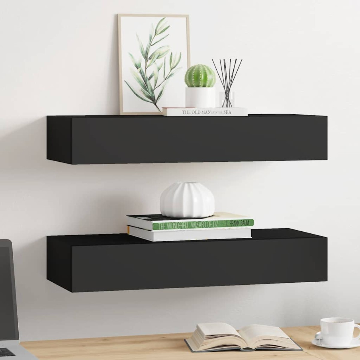 vidaXL Ράφια Τοίχου με Συρτάρια 2 Τεμ. Μαύρα 60 x 23,5 x 10εκ. από MDF