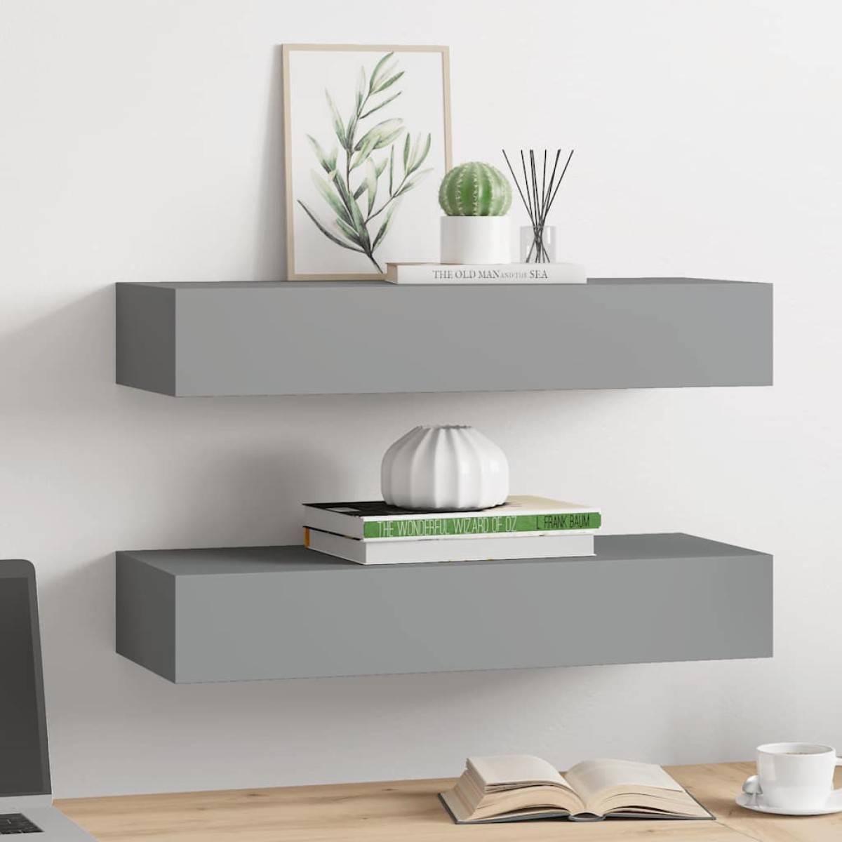 vidaXL Ράφια Τοίχου με Συρτάρια 2 Τεμ. Γκρι 60 x 23,5 x 10εκ. από MDF