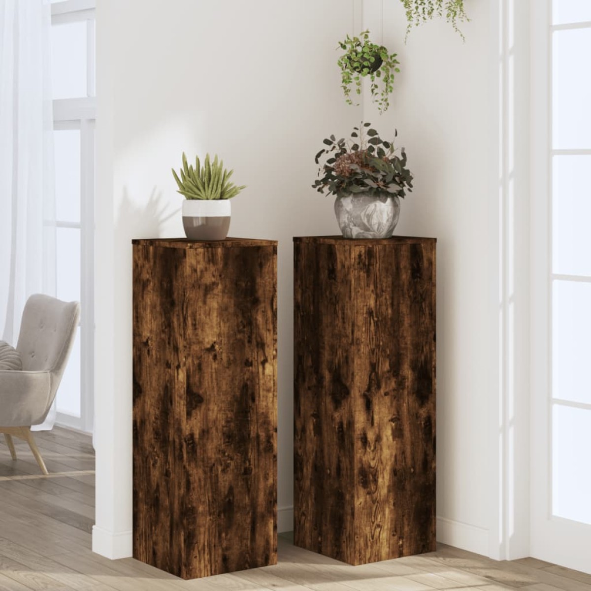 vidaXL Βάσεις Φυτών 2Τεμ. Καπνιστή Δρυς 33x33x100εκ Επεξεργασμένο Ξύλο