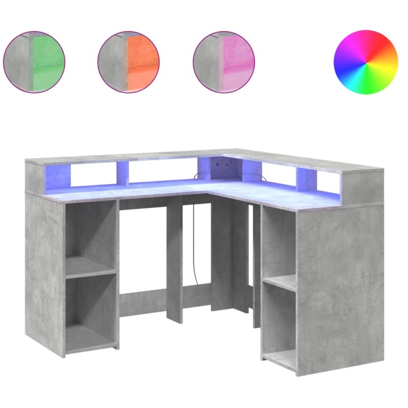 vidaXL Γραφείο με LED Γκρι Σκυρόδεματος 130x130x91 εκ. Επεξεργ. Ξύλο