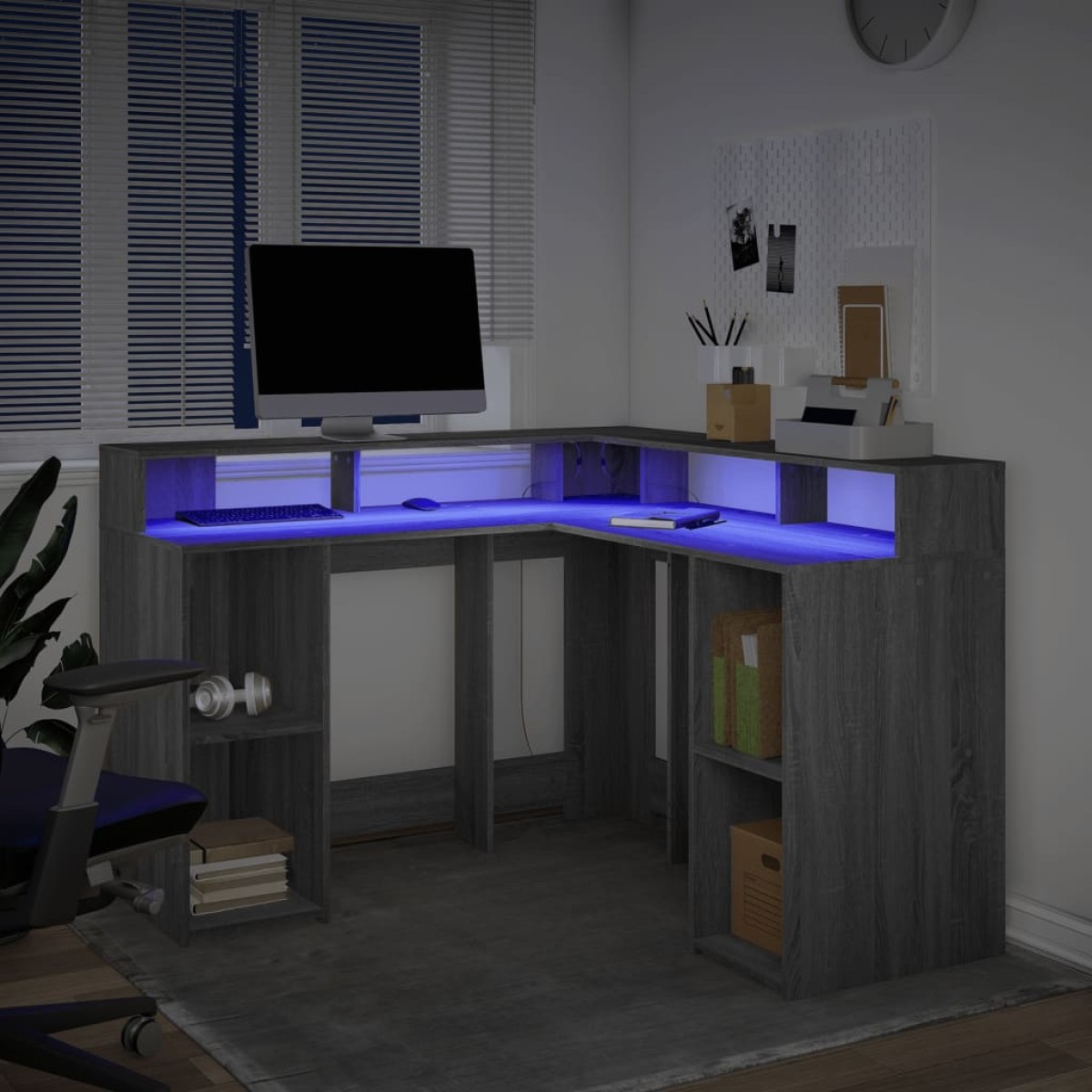 vidaXL Γραφείο με LED Γκρι Sonoma 130x130x91 εκ. Επεξεργ. Ξύλο