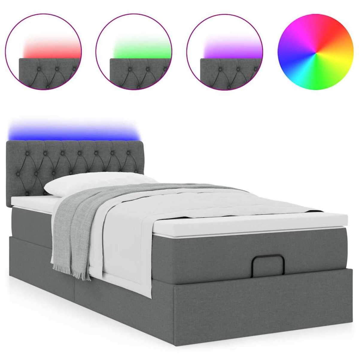 vidaXL Οθωμανικό κρεβάτι με στρώμα & LEDs Σκούρο γκρι 90x200 cm Ύφασμα