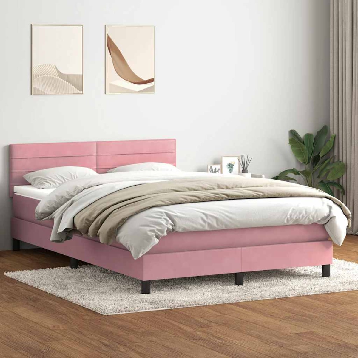vidaXL Κρεβάτι Boxspring με Στρώμα & LED Ροζ 160x210 εκ. Βελούδινο