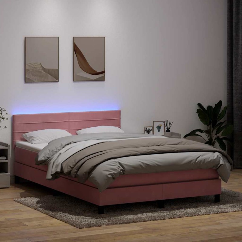 vidaXL Κρεβάτι Boxspring με Στρώμα & LED Ροζ 160x210 εκ. Βελούδινο
