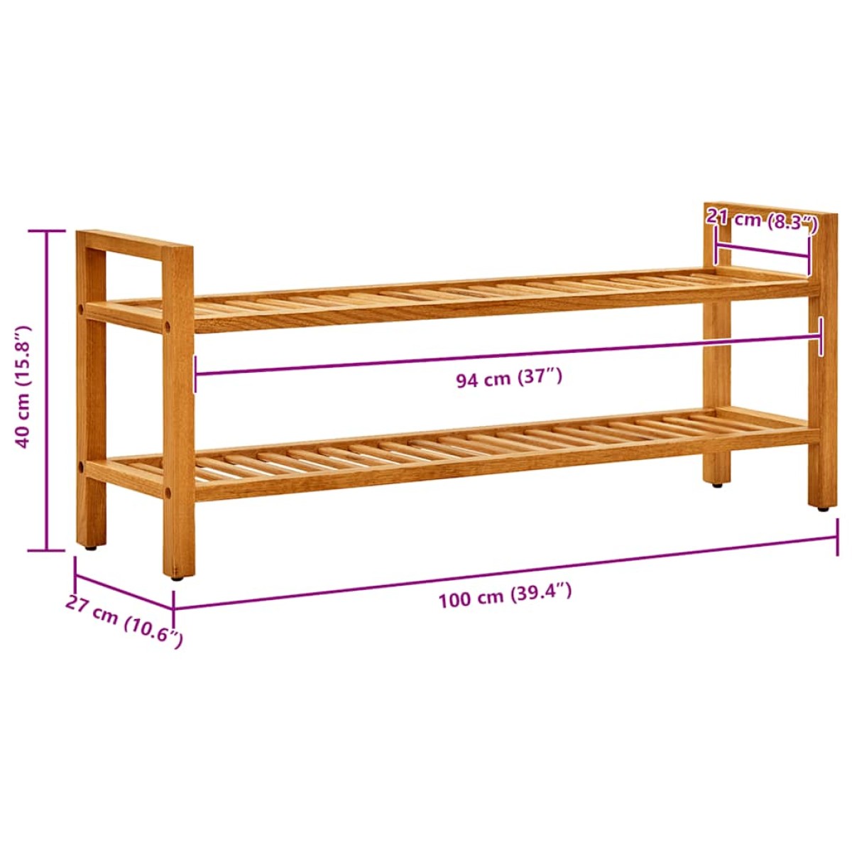 vidaXL Παπουτσοθήκη με 2 Ράφια 100 x 27 x 40 εκ. από Μασίφ Ξύλο Δρυός