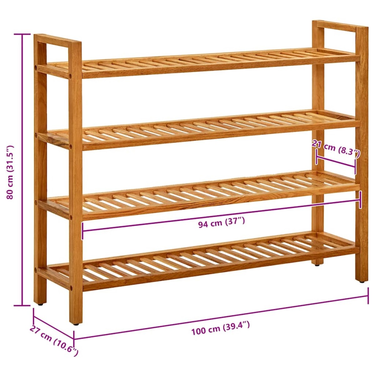 vidaXL Παπουτσοθήκη με 4 Ράφια 100 x 27 x 80 εκ. από Μασίφ Ξύλο Δρυός
