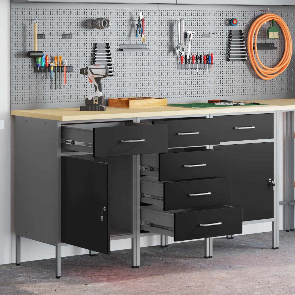 vidaXL Ντουλάπα Εργασίας 3 τμχ. Μαύρο και Γκρι 150 x 55 x 85 εκ