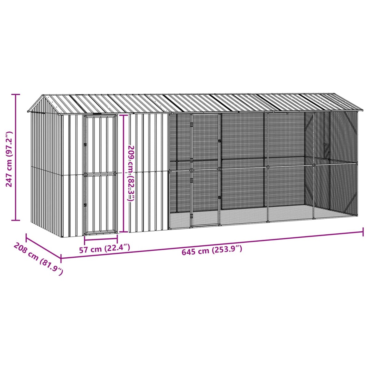 vidaXL Κλουβί Πουλιών Ανθρακί 645 x 208 x 247 εκ Επικαλυμμένος Χάλυβας