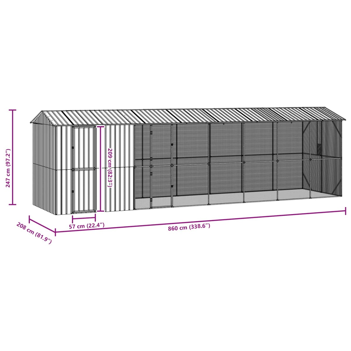 vidaXL Κλουβί Πουλιών Ανθρακί 860 x 208 x 247 εκ Επικαλυμμένος Χάλυβας