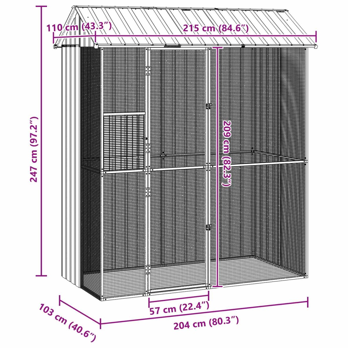vidaXL Κλουβί Πουλιών Γκρι 215 x 110 x 247 εκ. Επικαλυμμένος Χάλυβας