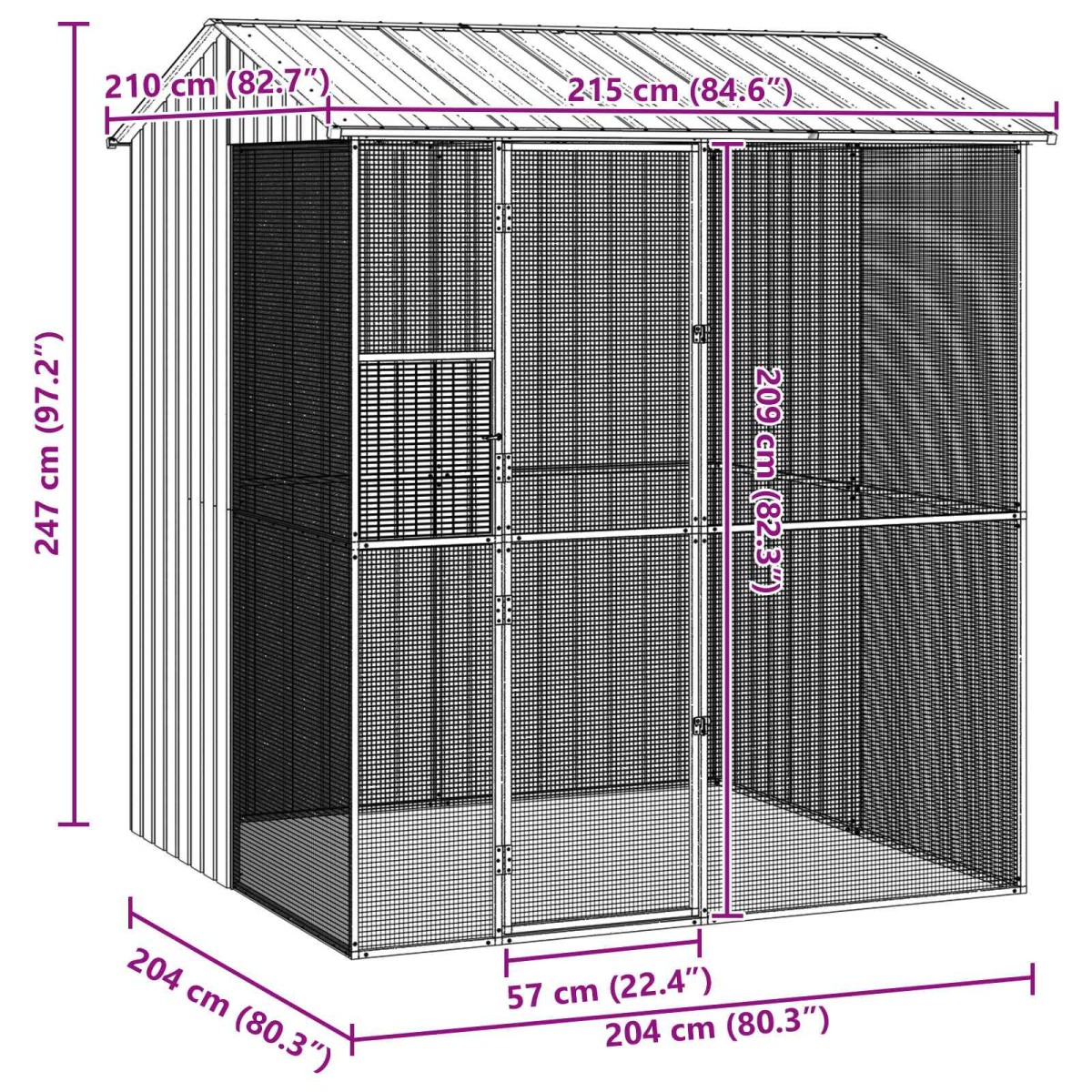 vidaXL Κλουβί Πουλιών Γκρι 215 x 210 x 247 εκ. Επικαλυμμένος Χάλυβας