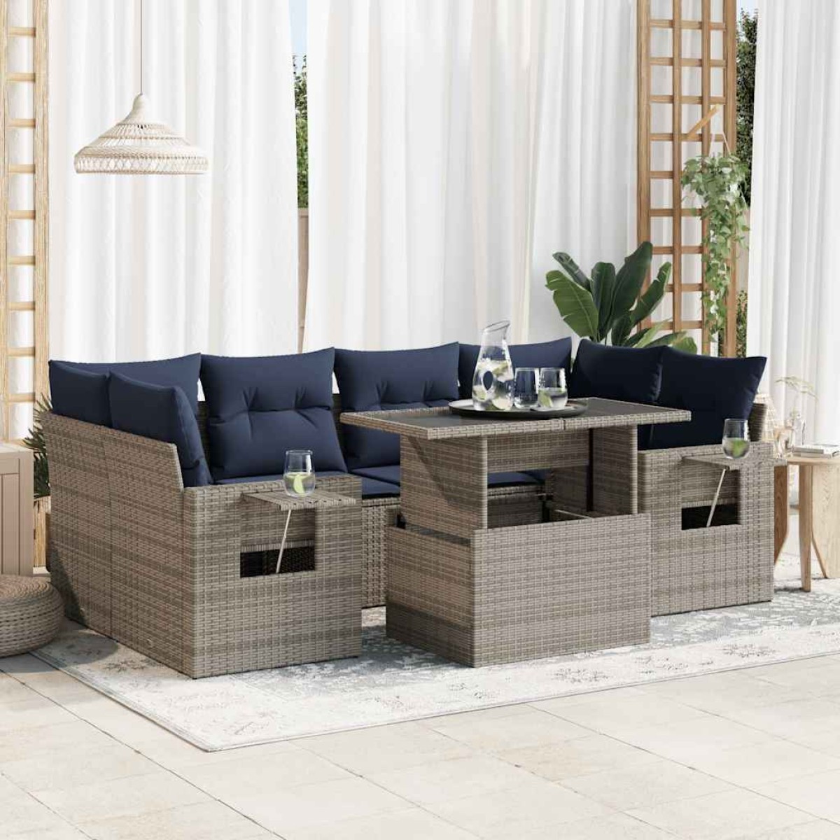 vidaXL Καναπές Σετ 7Τεμαχίων Γκρι Συνθετικό Ρατάν με Μαξιλάρια
