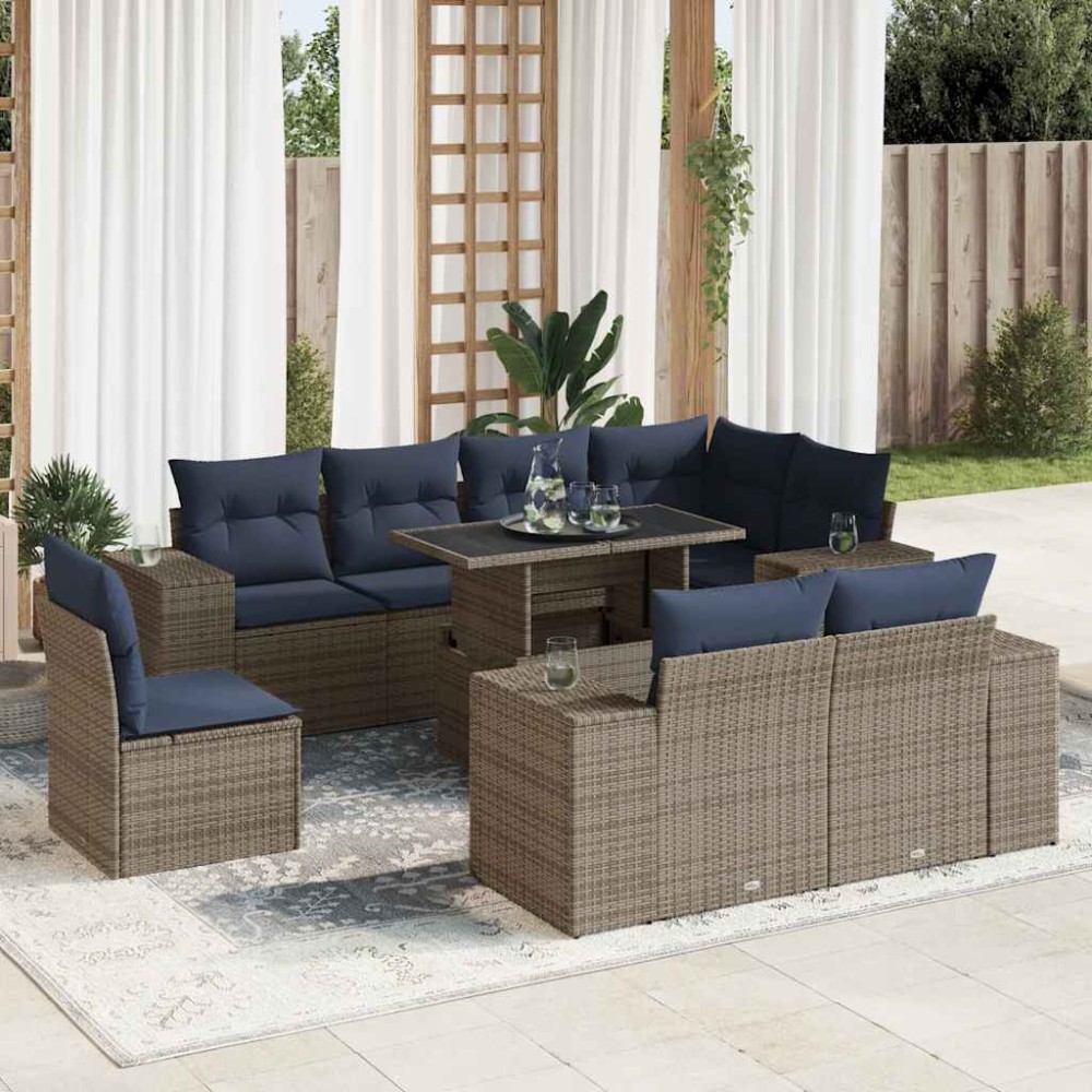 vidaXL Σετ Καναπέδων Κήπου 9 Τεμαχίων με Μαξιλάρια Γκρι από Συνθετικό Ρατάν Ακακίας
