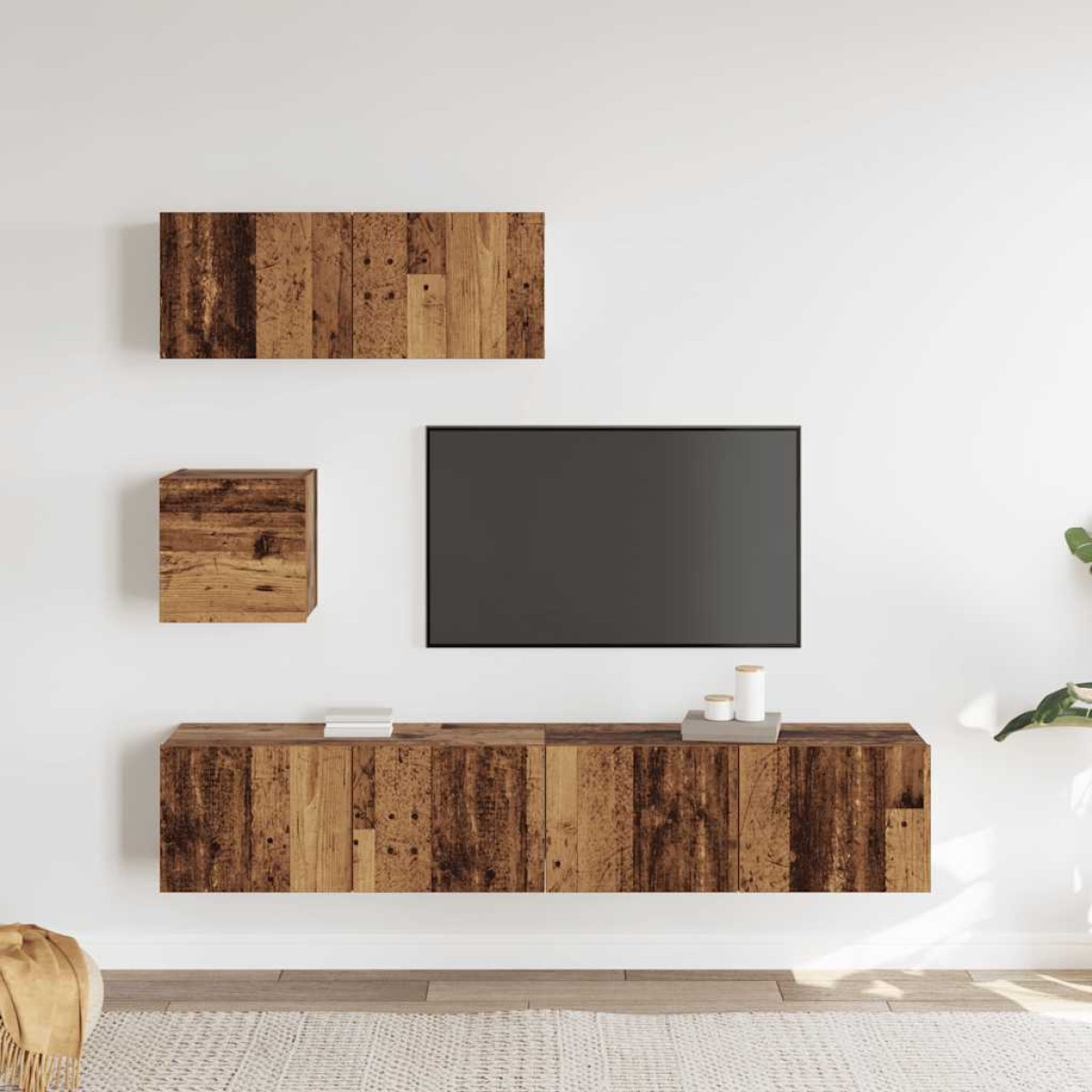 vidaXL 4 τεμαχίων σετ ντουλαπιών τηλεόρασης με επίτοιχο παλιό ξύλο