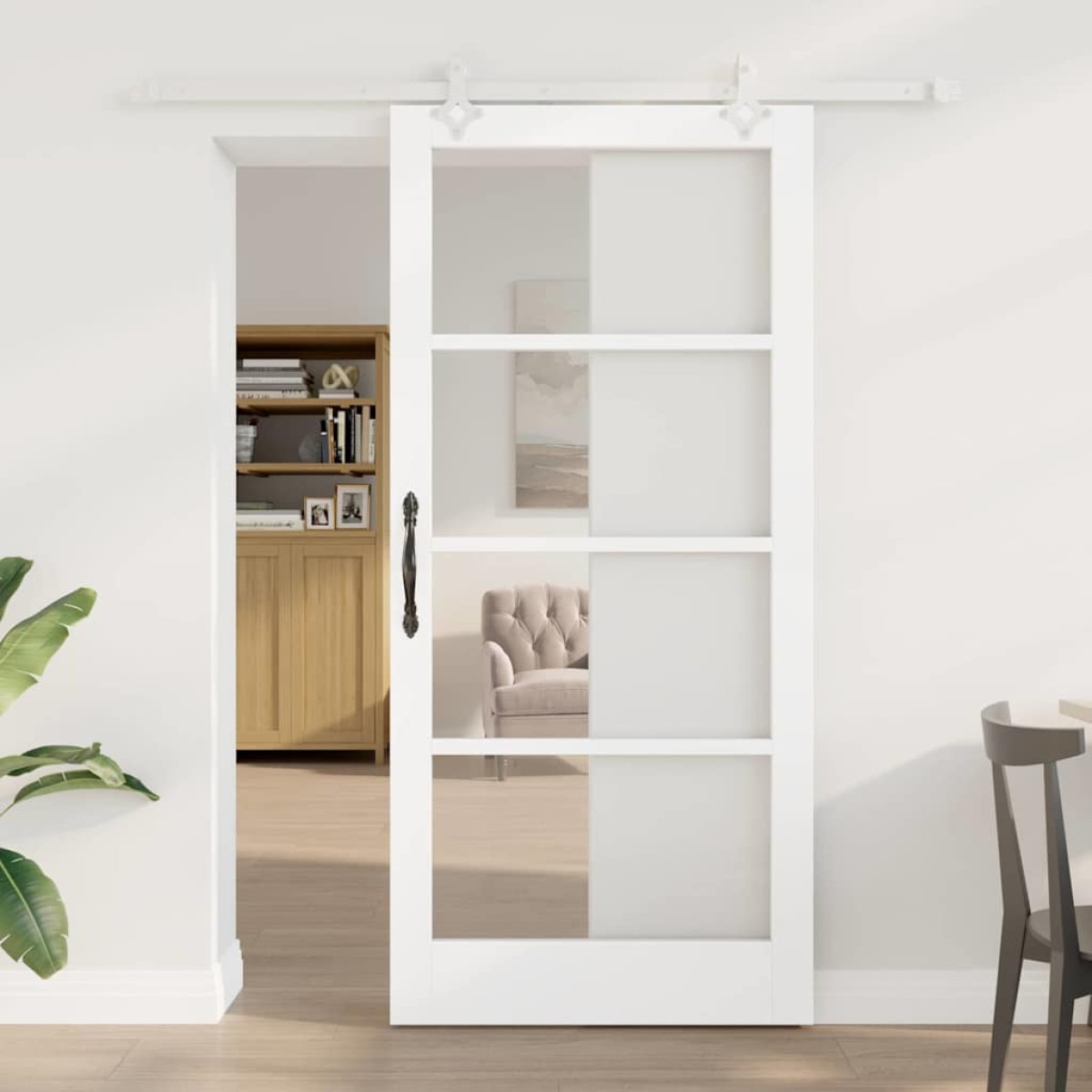 vidaXL Συρόμενη Πόρτα Λευκό 93 x 202 cm Μασίφ ξύλο πεύκου και γυαλί