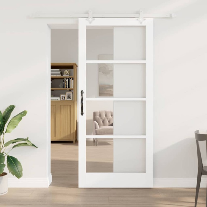 vidaXL Συρόμενη Πόρτα Λευκό 93 x 211 εκ. Μασίφ ξύλο πεύκου και γυαλί