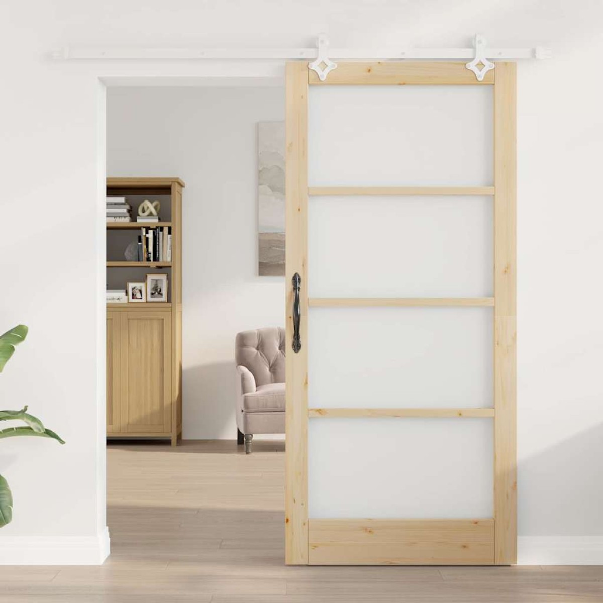 vidaXL Συρόμενη Πόρτα Φυσικό 93 x 202 cm Μασίφ ξύλο πεύκου και γυαλί