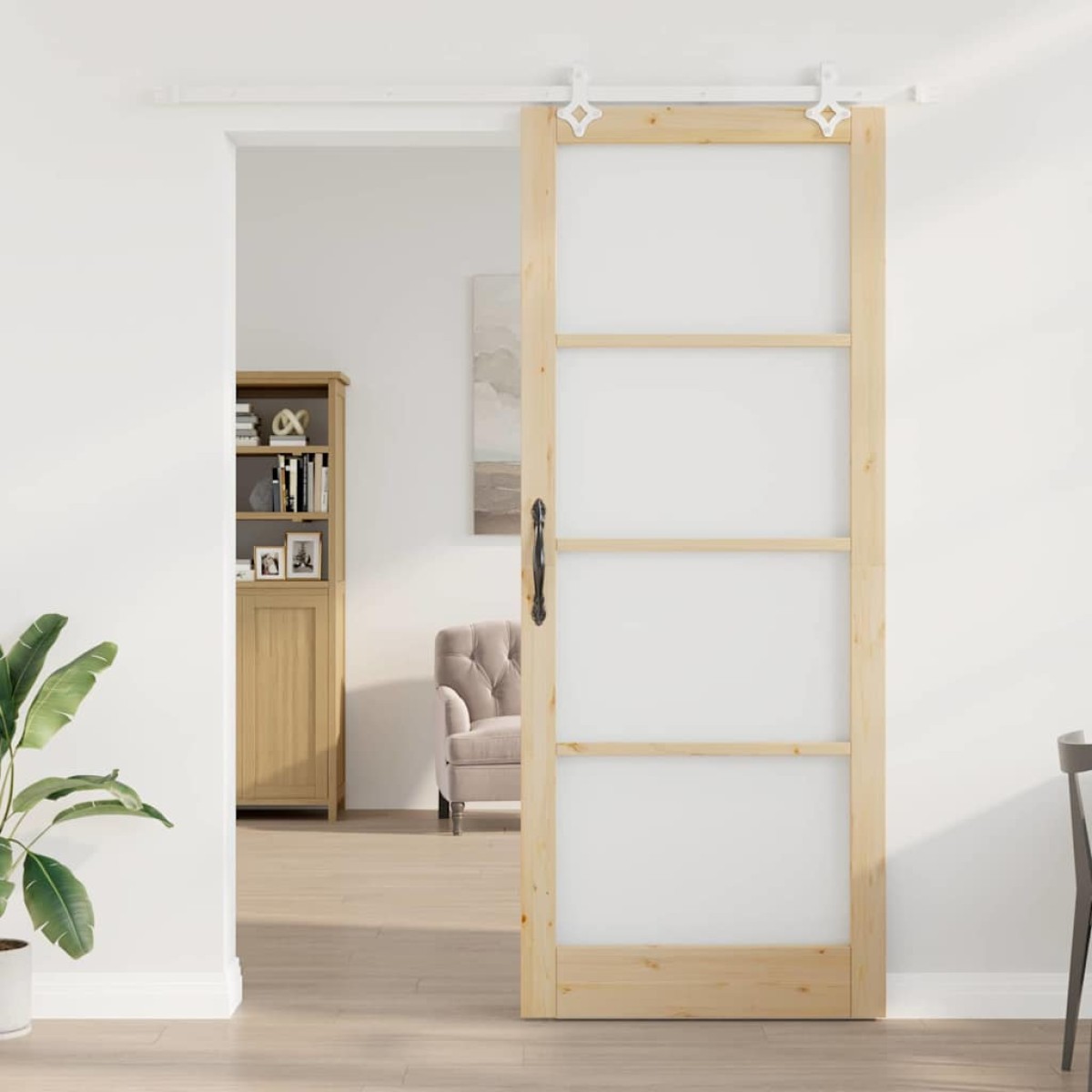 vidaXL Συρόμενη Πόρτα Φυσικό 93 x 232 εκ. Μασίφ ξύλο πεύκου και γυαλί