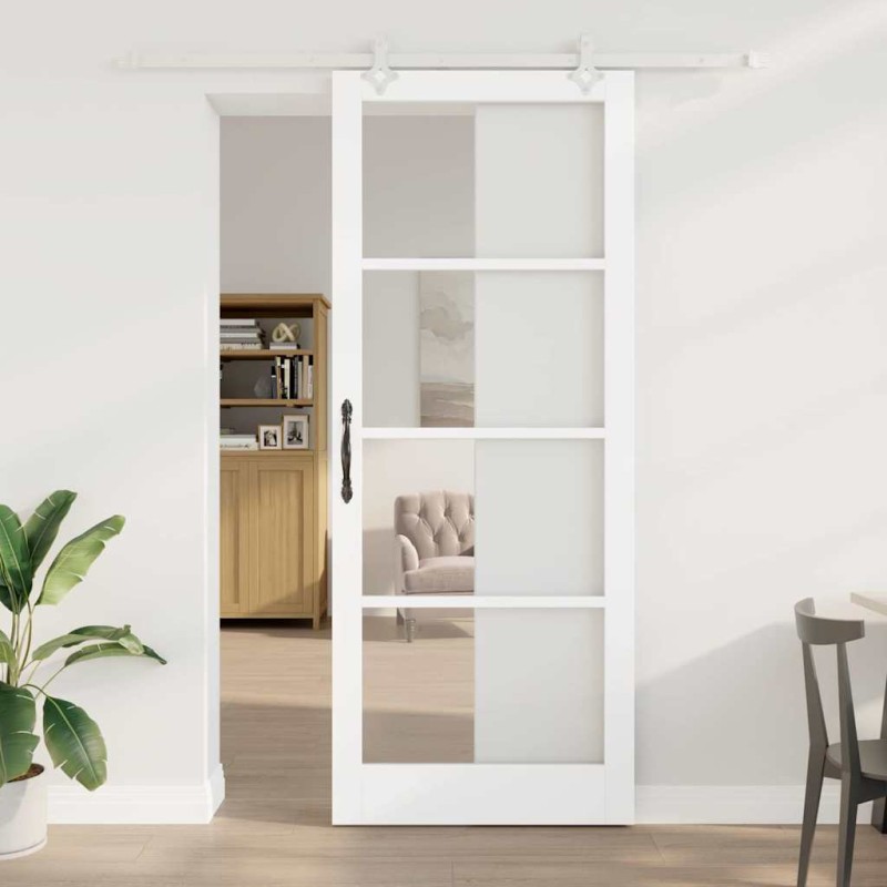 vidaXL Συρόμενη Πόρτα Λευκό 93 x 232 εκ. Μασίφ ξύλο πεύκου και γυαλί
