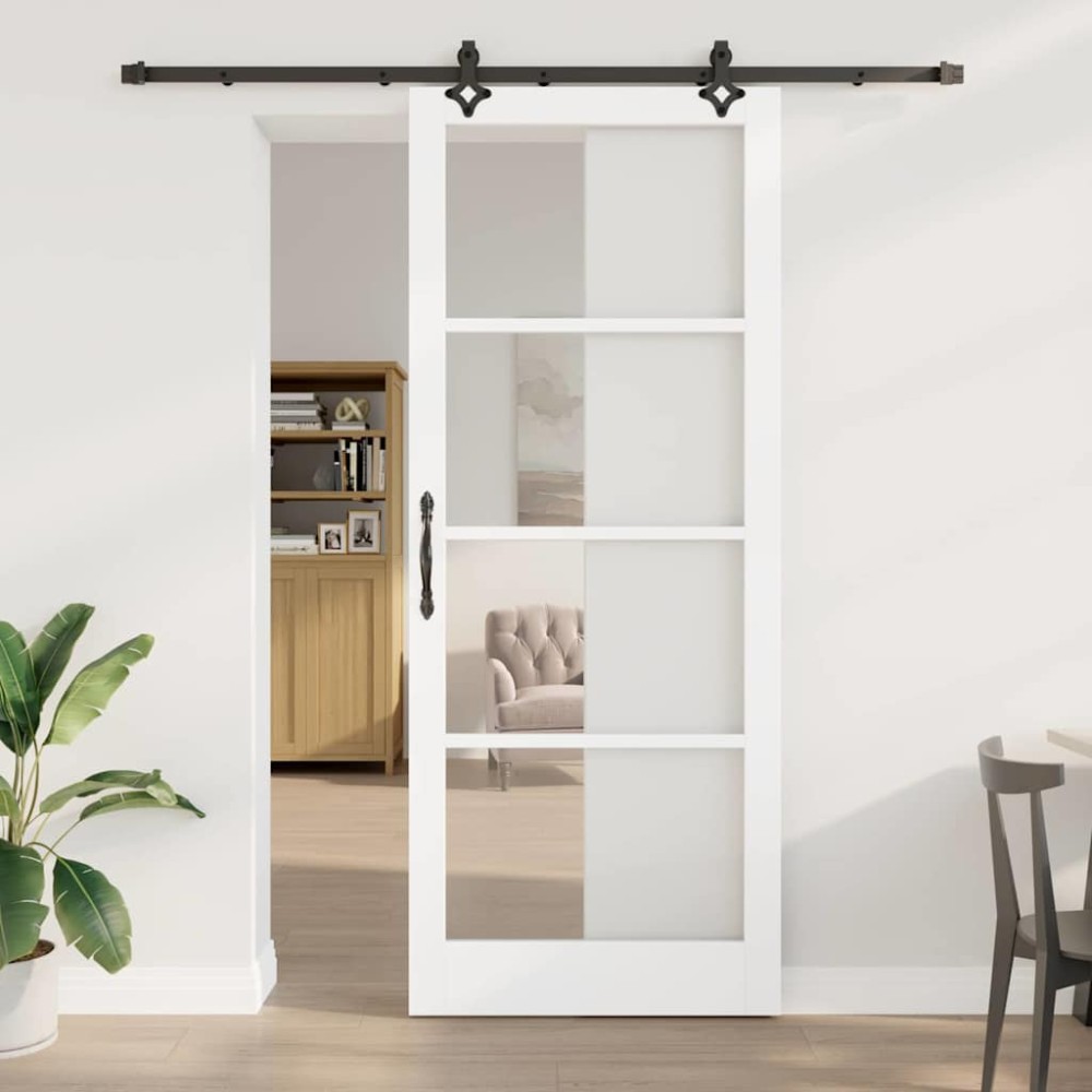 vidaXL Συρόμενη Πόρτα Λευκό 93 x 232 εκ. Μασίφ ξύλο πεύκου και γυαλί