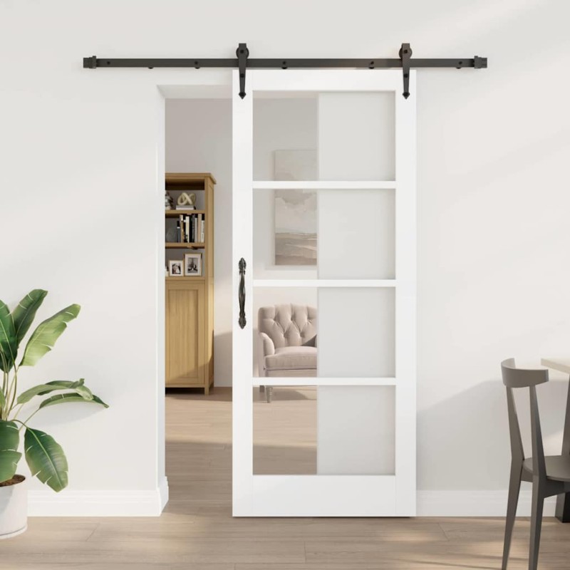 vidaXL Συρόμενη Πόρτα Λευκό 83 x 202 εκ. Μασίφ ξύλο πεύκου και γυαλί