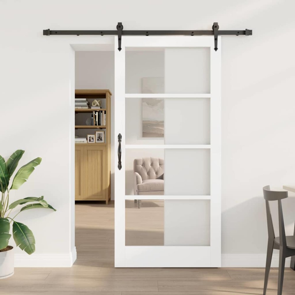 vidaXL Συρόμενη Πόρτα Λευκό 93 x 202 cm Μασίφ ξύλο πεύκου και γυαλί