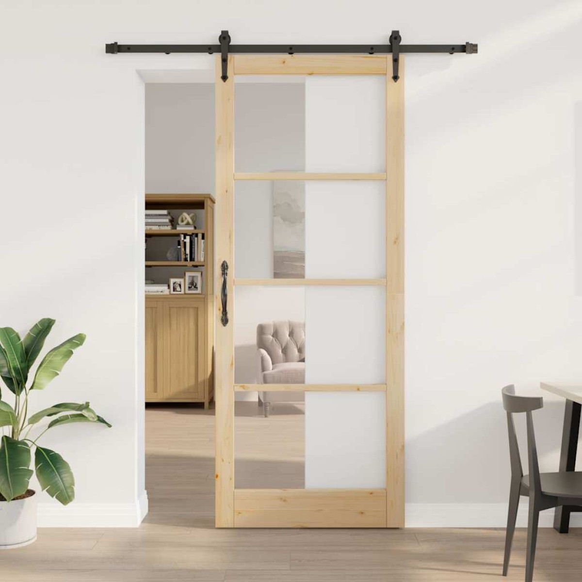 vidaXL Συρόμενη Πόρτα Φυσικό 93 x 232 εκ. Μασίφ ξύλο πεύκου και γυαλί