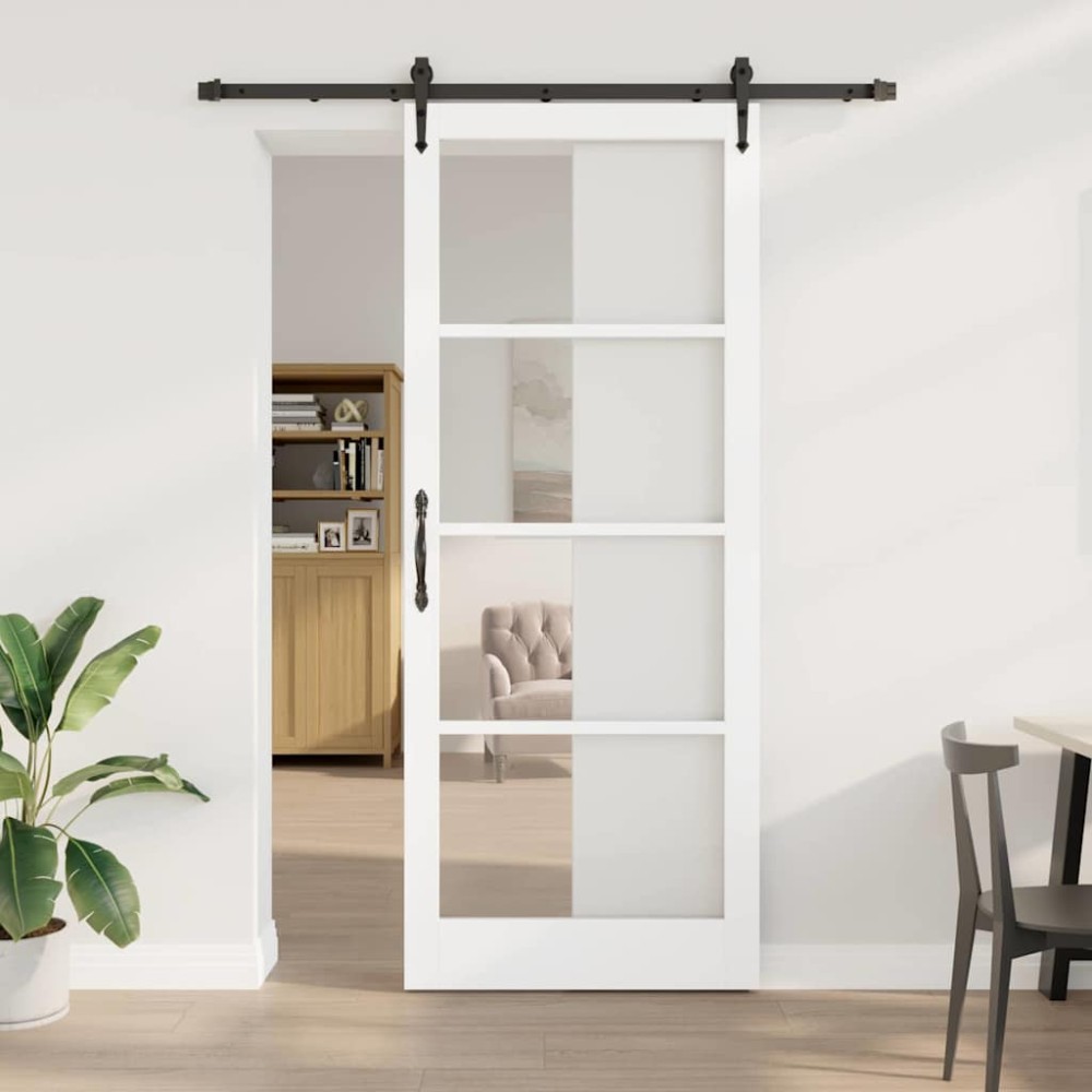 vidaXL Συρόμενη Πόρτα Λευκό 93 x 232 εκ. Μασίφ ξύλο πεύκου και γυαλί