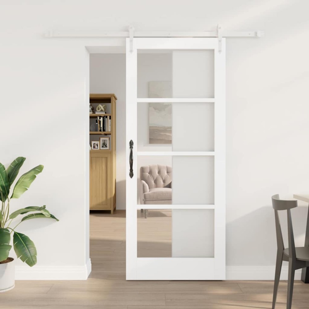 vidaXL Συρόμενη Πόρτα Λευκό 83 x 202 εκ. Μασίφ ξύλο πεύκου και γυαλί