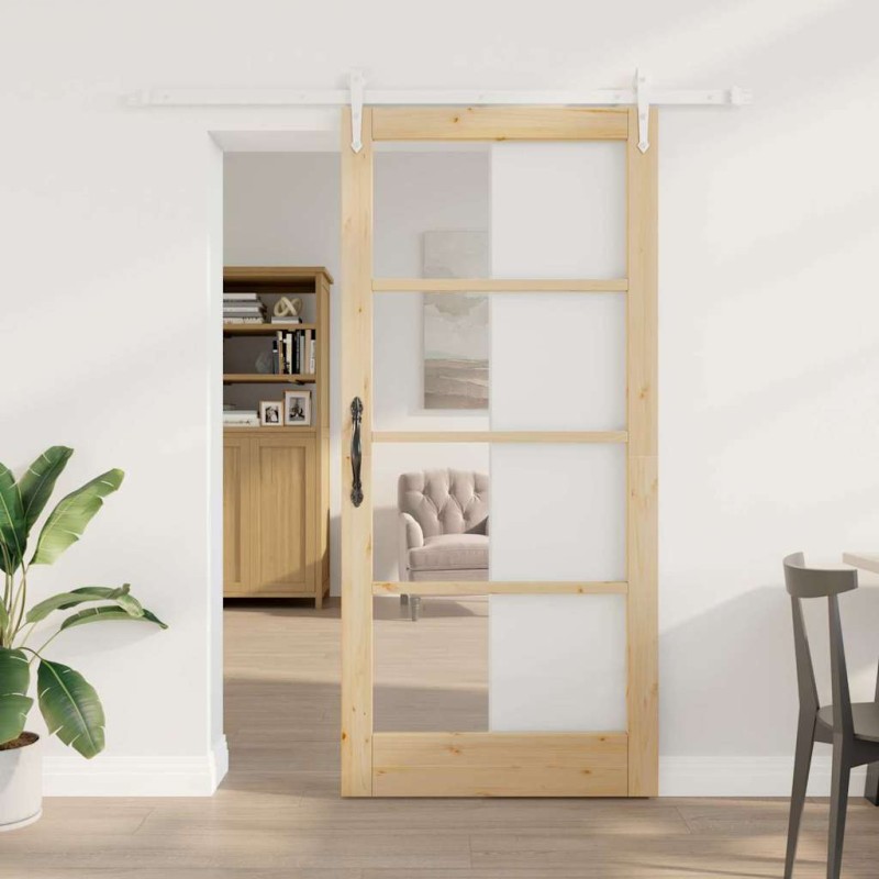 vidaXL Συρόμενη Πόρτα Φυσικό 93 x 202 cm Μασίφ ξύλο πεύκου και γυαλί