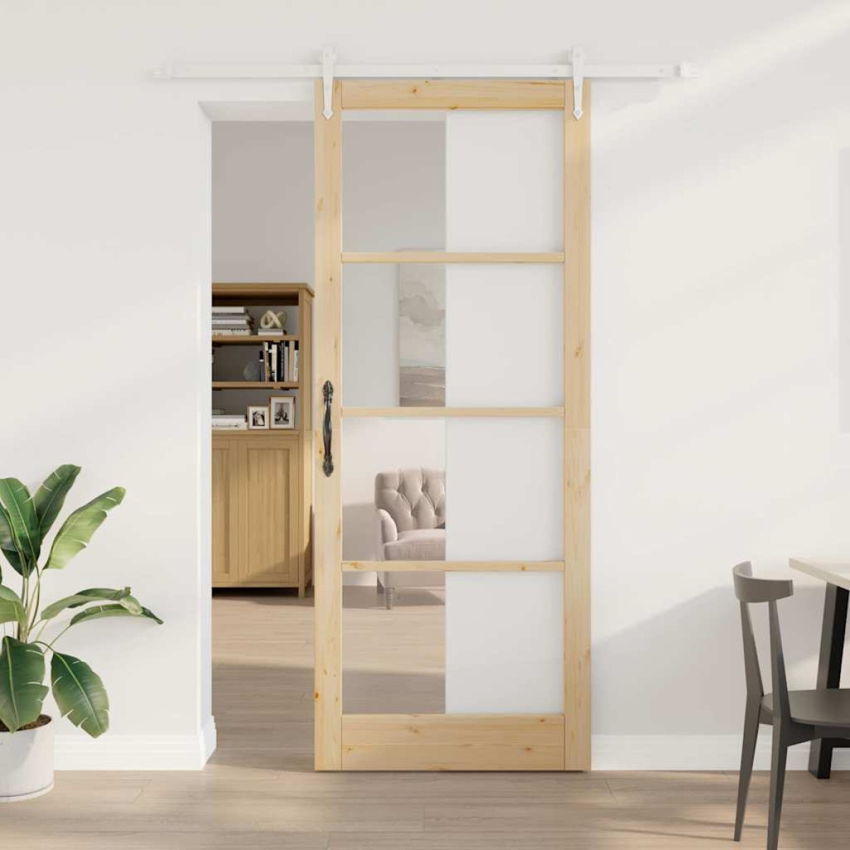 vidaXL Συρόμενη Πόρτα Φυσικό 93 x 232 εκ. Μασίφ ξύλο πεύκου και γυαλί