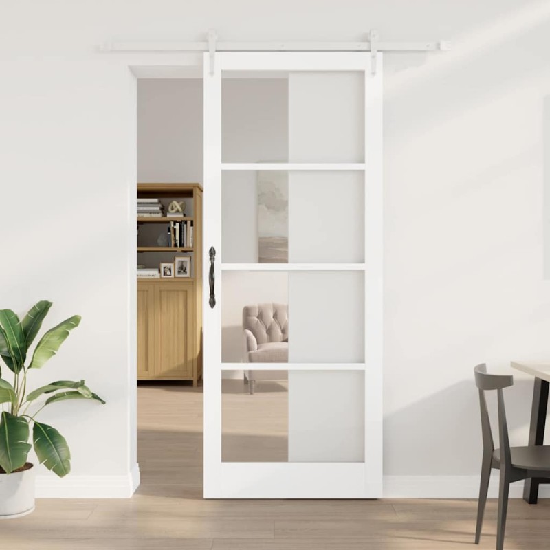 vidaXL Συρόμενη Πόρτα Λευκό 93 x 232 εκ. Μασίφ ξύλο πεύκου και γυαλί