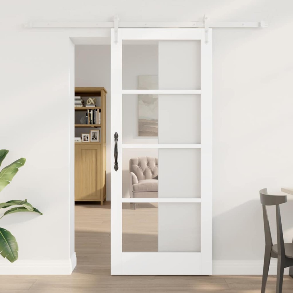 vidaXL Συρόμενη Πόρτα Λευκό 83 x 202 εκ. Μασίφ ξύλο πεύκου και γυαλί