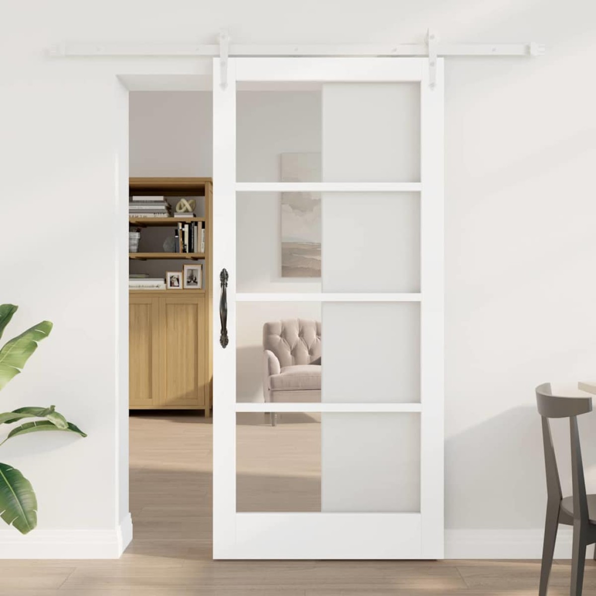 vidaXL Συρόμενη Πόρτα Λευκό 93 x 202 cm Μασίφ ξύλο πεύκου και γυαλί