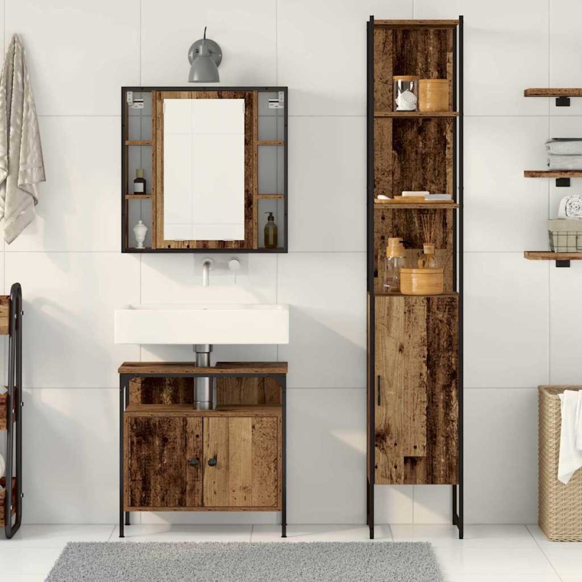 vidaXL Σετ Επίπλων Μπάνιου 3 τμχ. Παλιό Ξύλο 33 x 33 x 185,5 εκ