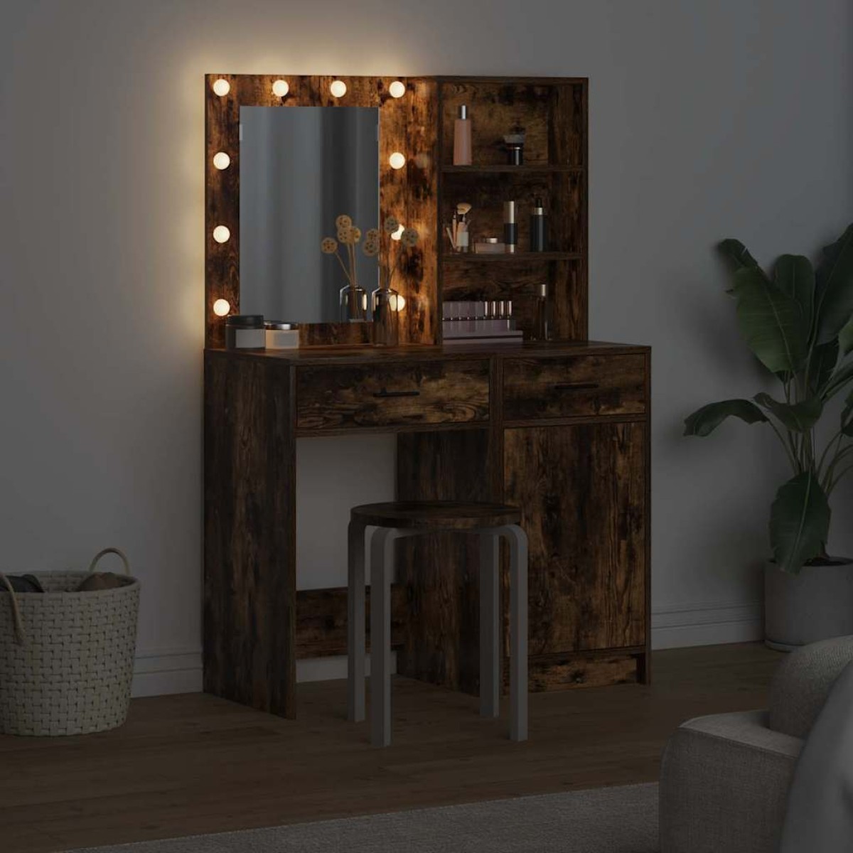 vidaXL Σετ Τραπέζι Ντυσίματος με LED 2 τμχ. Καπνιστό Δρύς