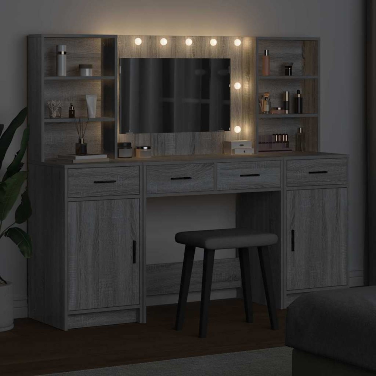 vidaXL Σετ Τραπέζι Ντυσίματος με LED 3 τμχ. Γκρίζο Σονομα