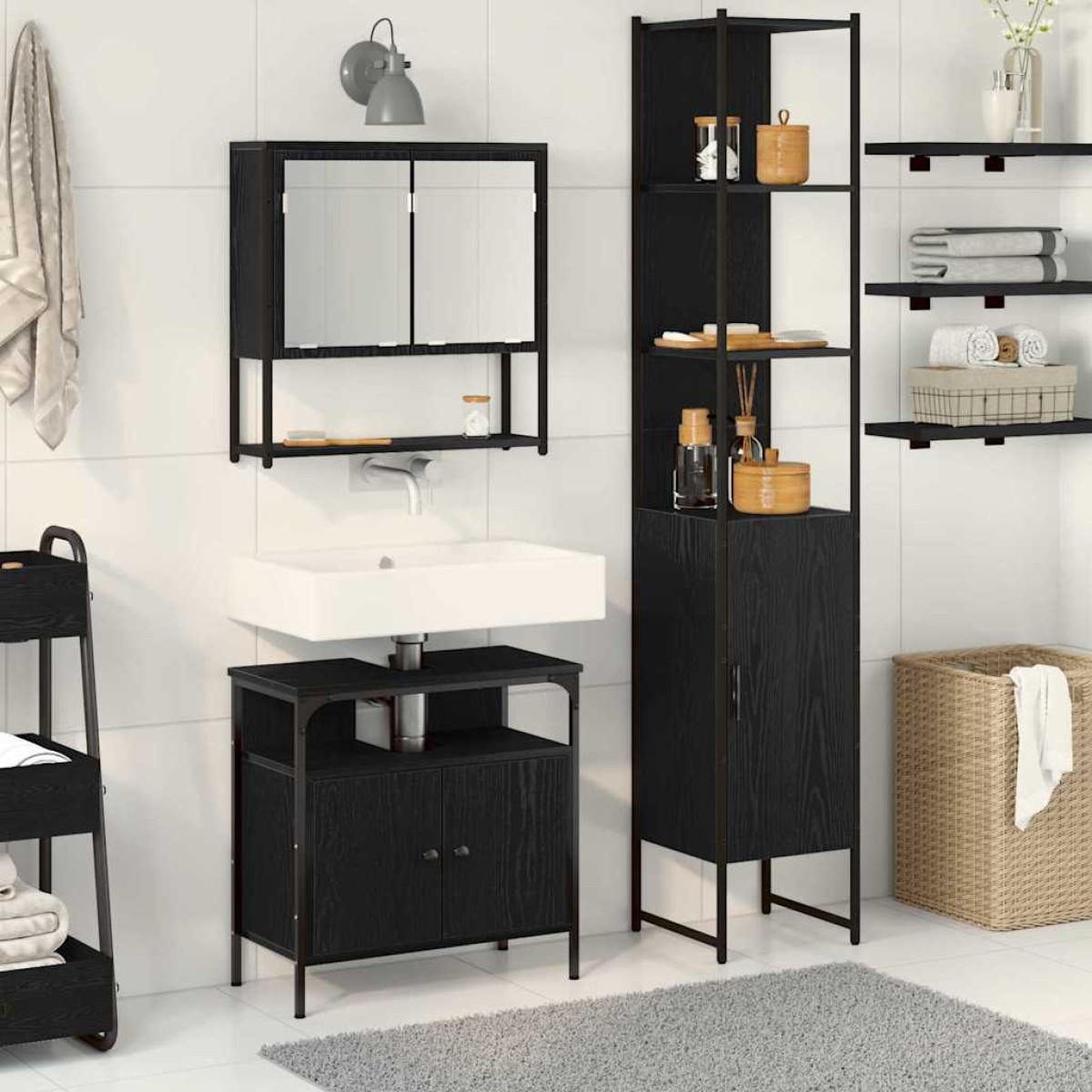 vidaXL Σετ Επίπλων Μπάνιου 3 τμχ. Μαύρη Οξυά 33 x 33 x 185,5 εκ