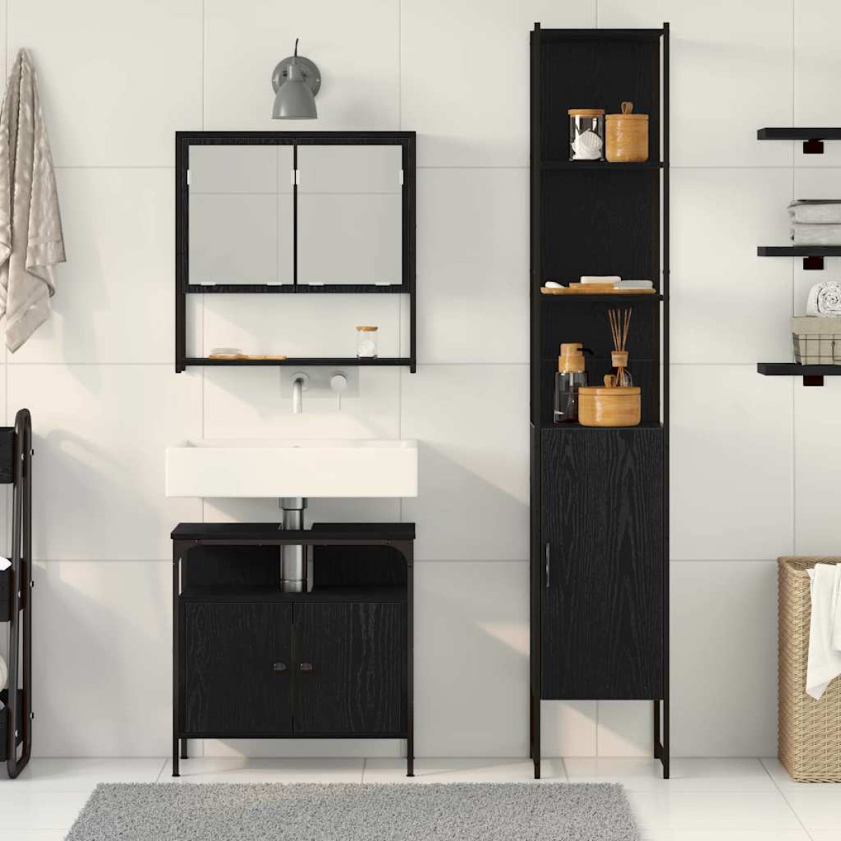 vidaXL Σετ Επίπλων Μπάνιου 3 τμχ. Μαύρη Οξυά 33 x 33 x 185,5 εκ