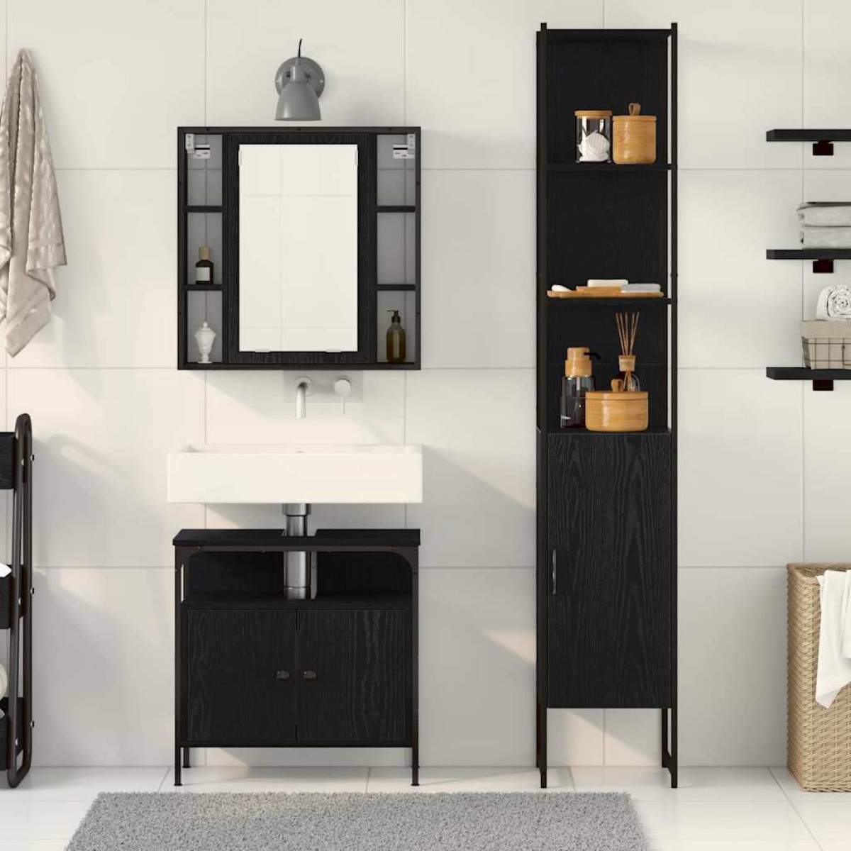 vidaXL Σετ Επίπλων Μπάνιου 3 τμχ. Μαύρη Οξυά 33 x 33 x 185,5 εκ