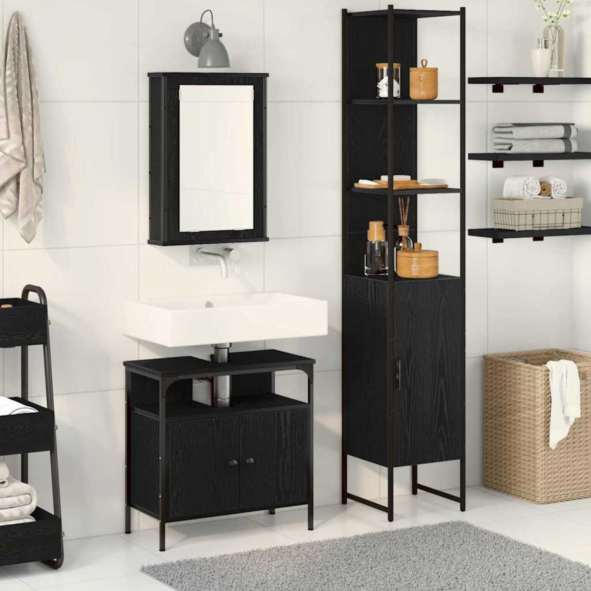 vidaXL Σετ Επίπλων Μπάνιου 3 τμχ. Μαύρη Οξυά 33 x 33 x 185,5 εκ