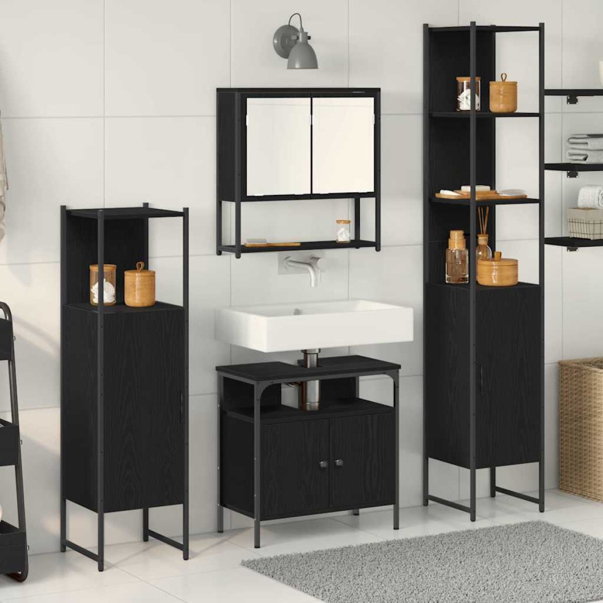 vidaXL Σετ Επίπλων Μπάνιου 4 τμχ. Μαύρη Οξυά 33 x 33 x 185,5 εκ