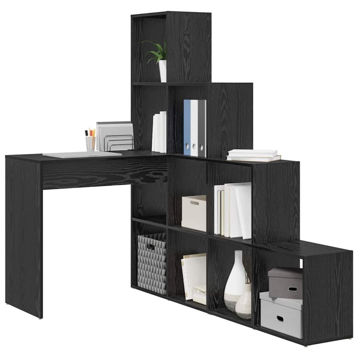 vidaXL Γωνιακό γραφείο με ράφι Μαύρη Οξυά 101,5 x 149,5 x 149,5 εκ.