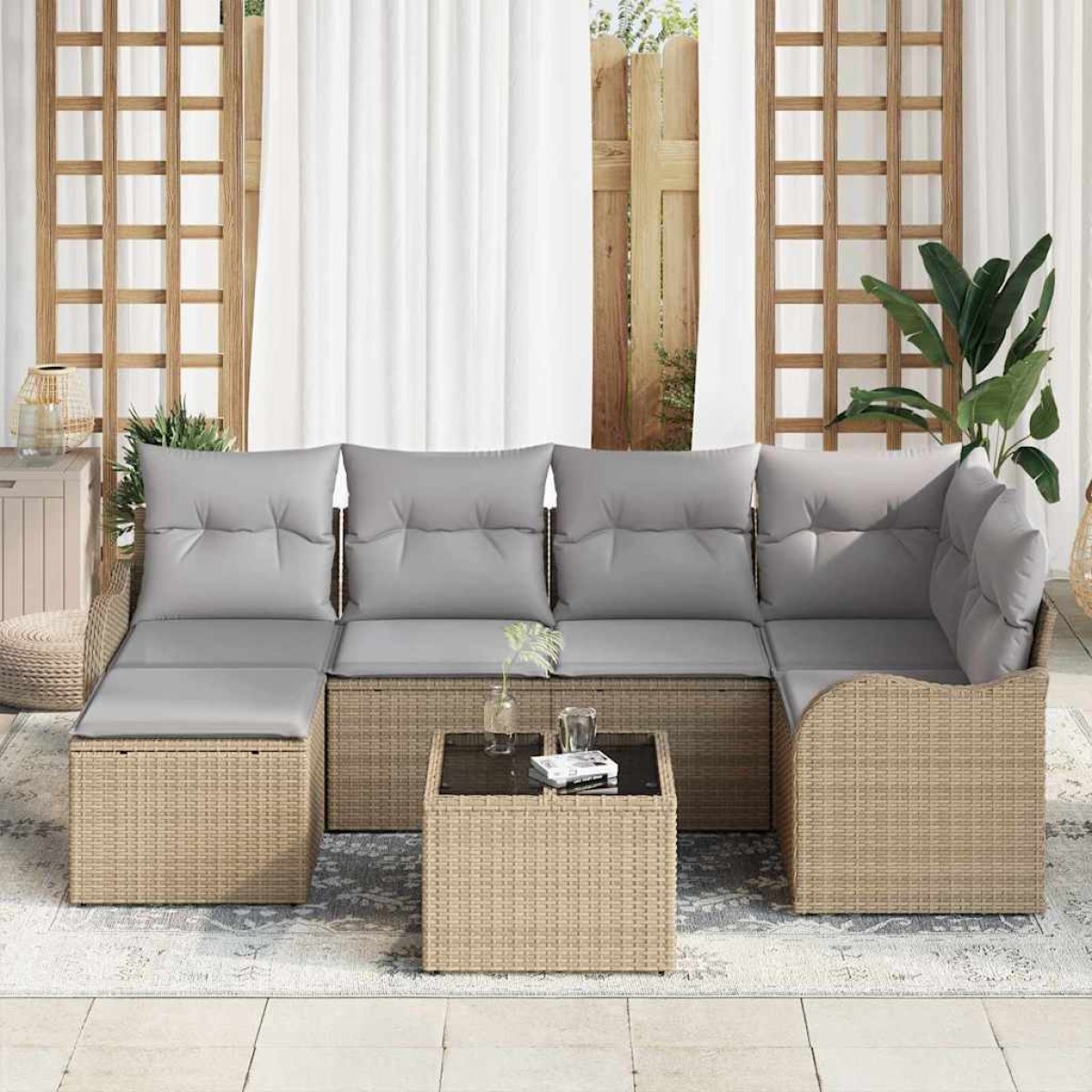 vidaXL Σετ Καναπέ Κήπου με μαξιλάρι 7 pcs Μπεζ Πολυ ράταν