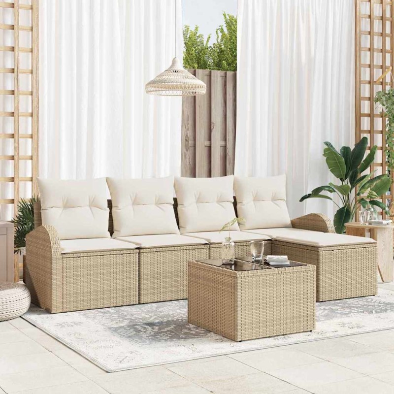 vidaXL Σετ Καναπέ Κήπου με μαξιλάρι 6 pcs Μπεζ Πολυ ράταν