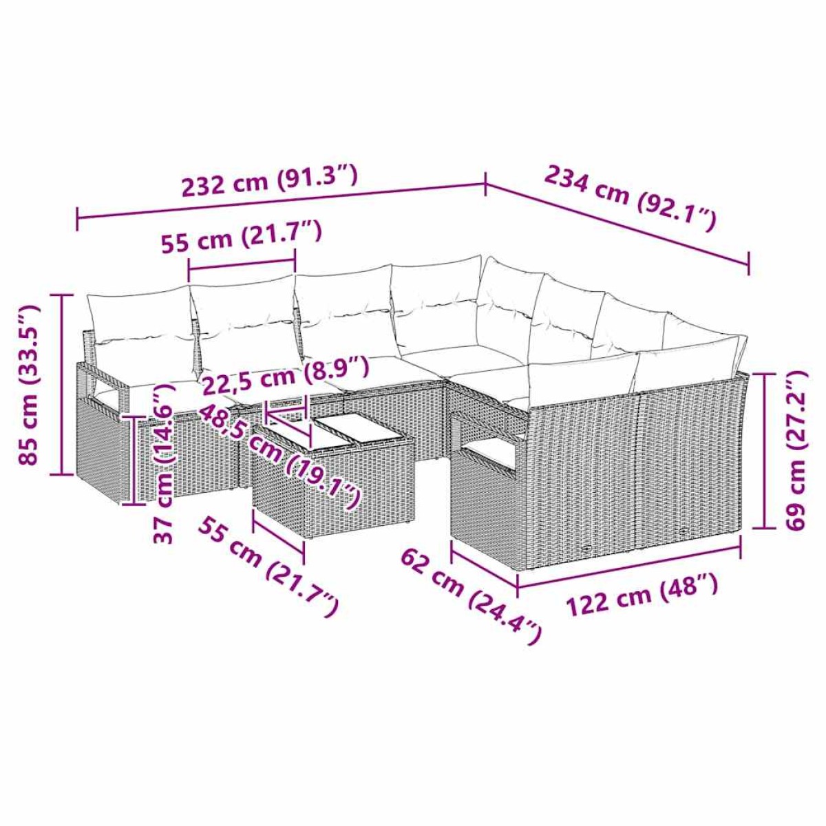 vidaXL Σετ Καναπέ 9 τμχ. 8-Αριθμός καθισμάτων Μαύρο και Τυρκουάζ